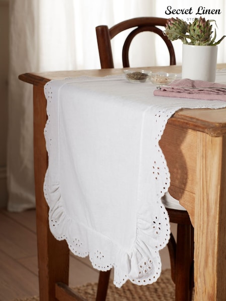 Secret Linen Store White Bonnie Broderie Cotton Linen Table Runner (W34261) | £42