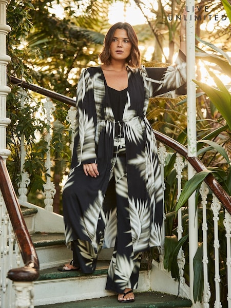 Live Unlimited Black Leaf Print Longline Drawstring Kimono (W34275) | £89