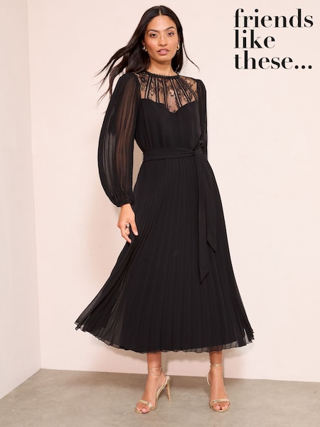Friends Like These Black Lace Yoke Long Sleeve Pleated Chiffon Midi Dress (W34491) | £82