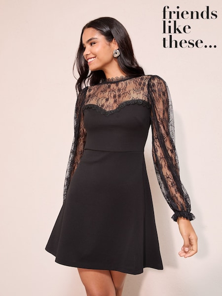 Friends Like These Black Scuba Lace Mix Long Sleeve Mini Dress (W34500) | £45