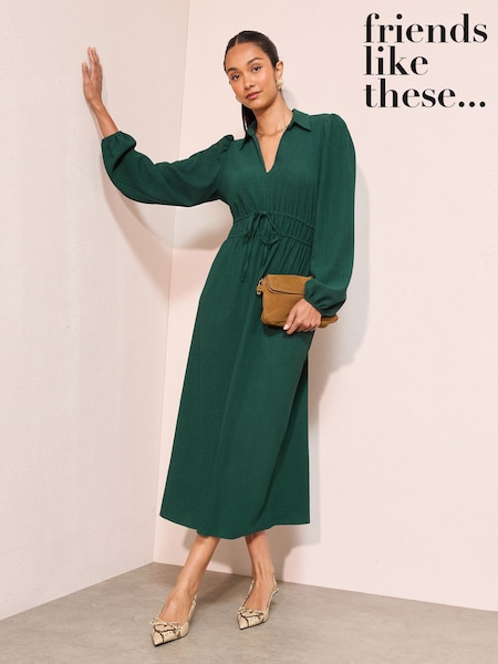 Friends Like These Green V-Neck Collar Long Sleeve Textured Jersey Midi Dress (W34525) | £42