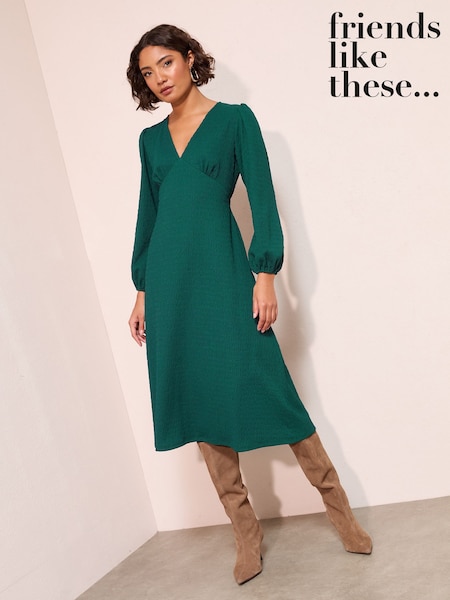 Friends Like These Bottle Green Petite Textured Jersey V-Neck Long Sleeve Midi Dress (W34528) | £42