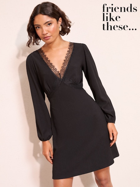 Friends Like These Black Jersey Long Sleeve Lace Trim V-Neck Mini Dress (W34530) | £38