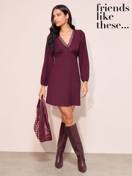Friends Like These Purple Jersey Long Sleeve Lace Trim V-Neck Mini Dress (W34531) | £38