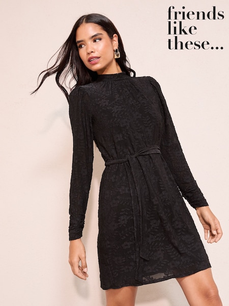 Friends Like These Black Floral Burnout Long Sleeve Mini Dress (W34533) | £45