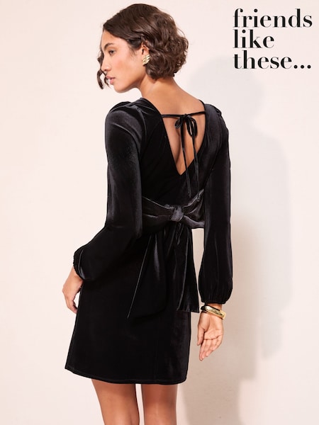 Friends Like These Black Petite Long Sleeve Velvet Bow Back Mini Dress (W34544) | £55