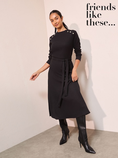 Friends Like These Black Petite Long Sleeve Belted Cosy Midi Dress (W34547) | £45
