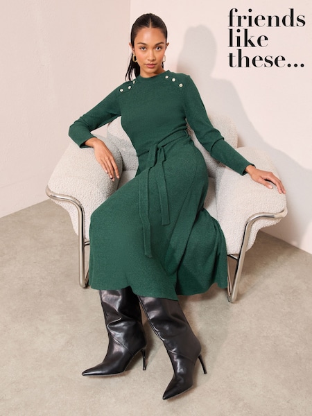 Friends Like These Green Petite Long Sleeve Belted Cosy Midi Dress (W34557) | £45