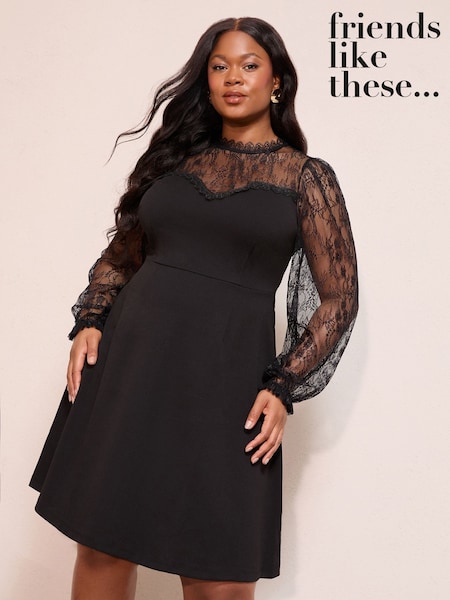 Friends Like These Black Curve Scuba Lace Mix Long Sleeve Mini Dress (W34582) | £45