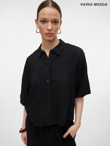 VERO MODA Black Short Sleeve Linen Mix Shirt (W34701) | £32