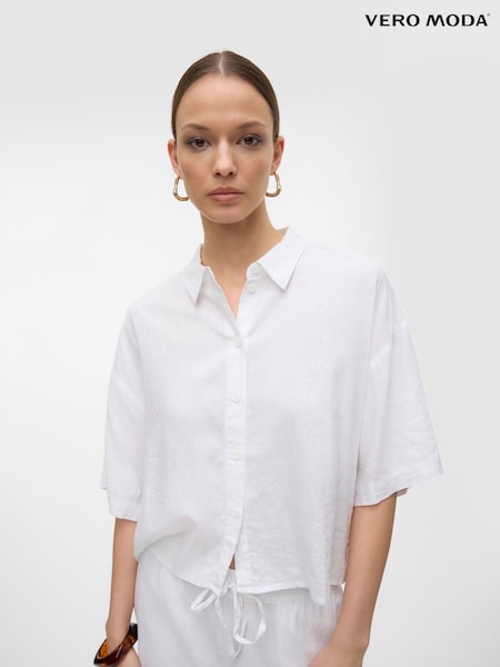 VERO MODA White Short Sleeve Linen Mix Shirt (W34704) | £32