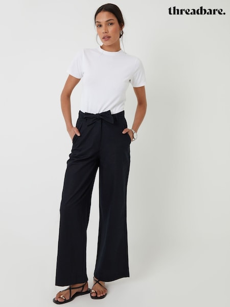 Threadbare Black Belted Linen Blend Wide Leg Trousers (W34763) | £40