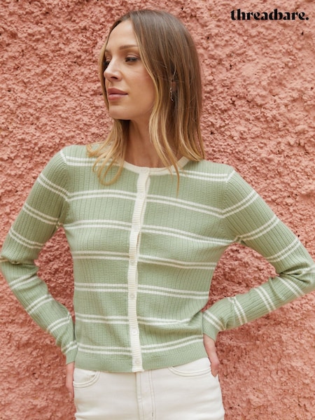 Threadbare Green Stripe Wool Blend Pointelle Knit Cardigan (W34767) | £30