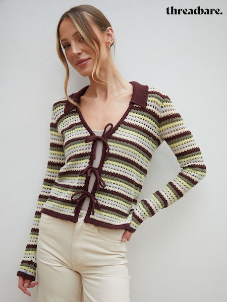 Threadbare Green Stripe Collared Tie Front Crochet Knit Cardigan (W34770) | £30