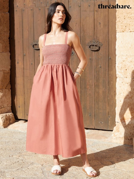 Threadbare Pink Shirred Bodice 100% Cotton Midaxi Dress (W34773) | £36