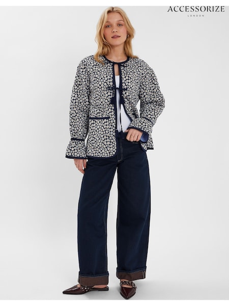 Accessorize Blue Daisy Print Tie-Front Quilted 100% Cotton Jacket (W34860) | £75