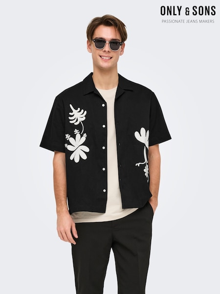 Only & Sons Black Embroidery Abstract 100% Cotton Shirt (W34870) | £34