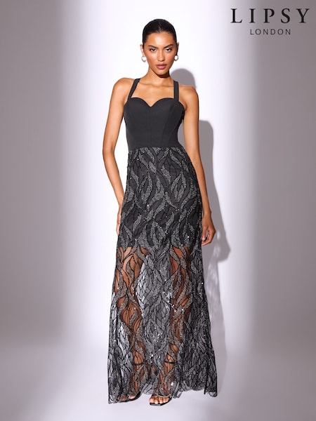 Lipsy Black Petite Corset Detail Sequin Sheer Skirt Maxi Dress (W34933) | £125