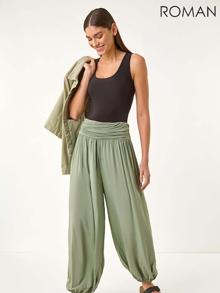 Roman Green Ruched Waist Harem Trousers (W35107) | £32
