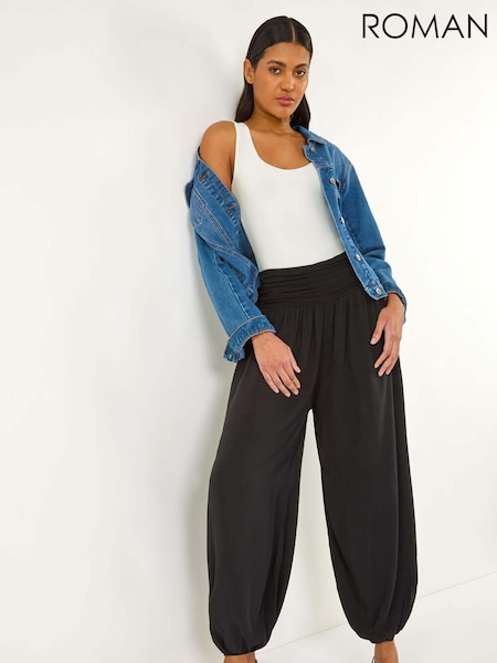 Roman Black Ruched Waist Harem Trousers (W35114) | £32