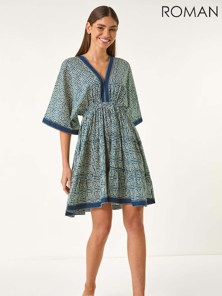 Roman Blue Geometric Contrast Tiered 100% Cotton Dress (W35121) | £50