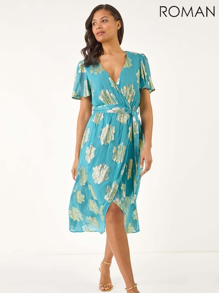Roman Blue Jacquard Midi Wrap Dress (W35132) | £78