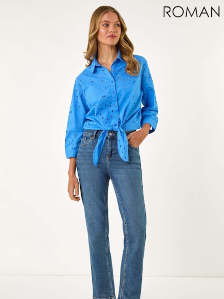 Roman Blue Broderie Tie Front 100% Cotton Blouse (W35137) | £40