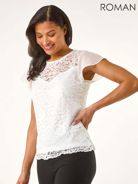 Roman Cream Chiffon Sleeve Floral Print Lace Blouse (W35150) | £36