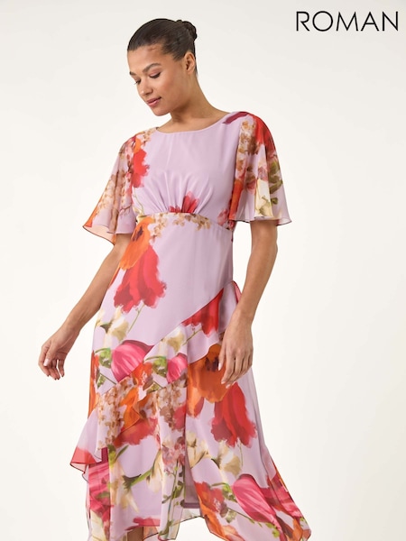 Roman Pink Floral Painted Frill Midi Dress (W35158) | £70