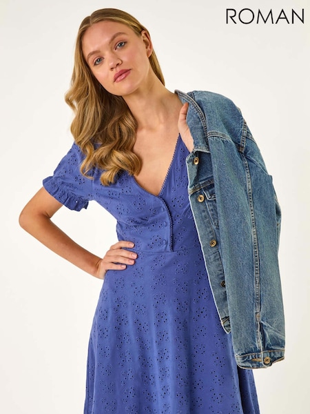 Roman Blue Embroidered Cotton Stretch Jersey Dress (W35166) | £45