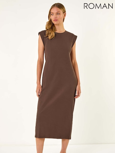 Roman Brown Ribbed Cap Sleeve Midi Dress (W35178) | £28