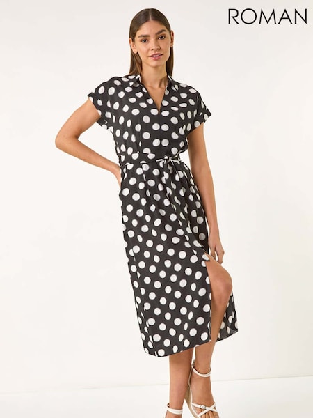 Roman Black Spot Print Belted Midi Dress (W35184) | £48