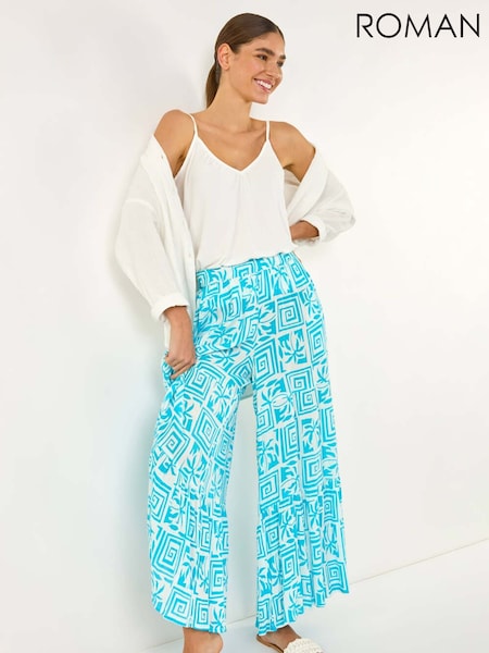 Roman Blue Palm Tile Print Tiered Palazzo Trousers (W35209) | £42