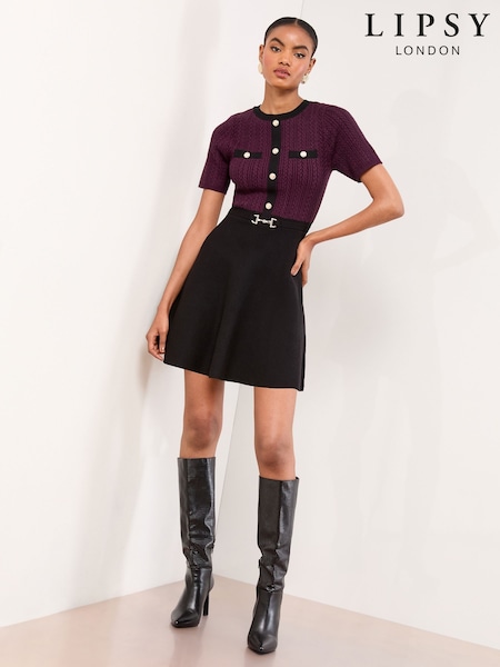 Lipsy Burgundy Red Mini Tipped Cable Knitted Snaffle Belt Dress (W35238) | £59