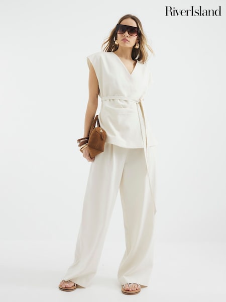 River Island Cream Off The Shoulder Wrap Tunic Top (W35417) | £44