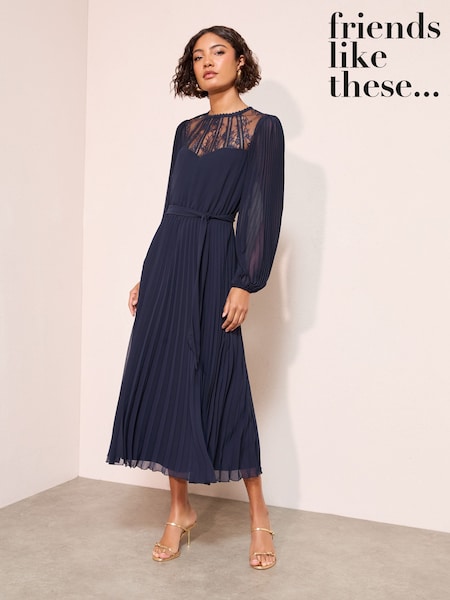 Friends Like These Navy Lace Yoke Long Sleeve Pleated Chiffon Midi Dress (W35437) | £82