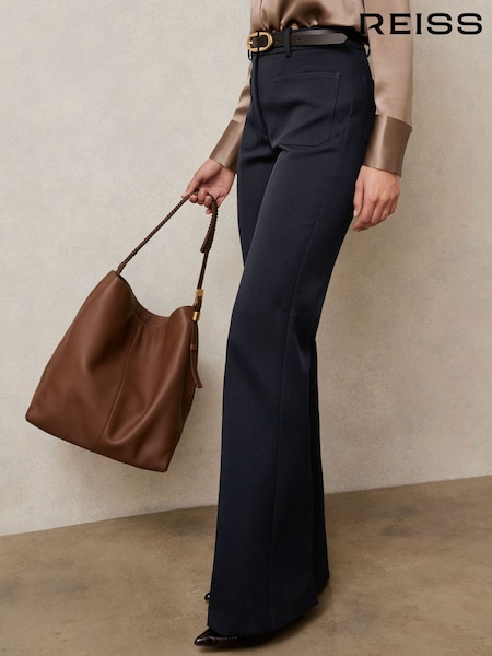 Reiss Navy Priya Petite Twill Patch-Pocket Flared Trousers (W35641) | £150