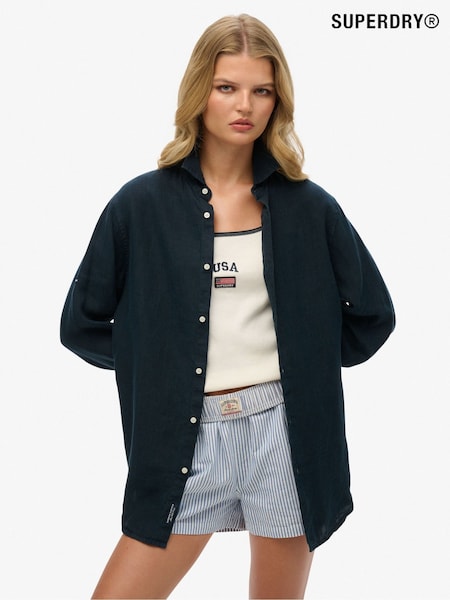 Superdry Blue Oversized 100% Cotton Casual Linen Long Sleeve Shirt (W35673) | £65