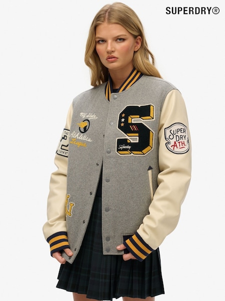 Superdry Grey Oversized 100% Cotton College Patched Bomber Jacket (W35698) | £125