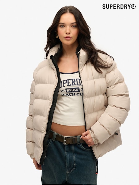 Superdry Cream Oversized 100% Cotton Sports Puffer Jacket (W35700) | £95