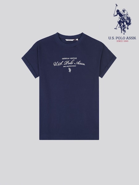 U.S. Polo Assn. Blue Womens Premium Graphic 100% Cotton Grown On Sleeve T-Shirt (W35842) | £30