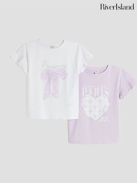 River Island Purple Girls Frill 100% Cotton T-Shirts 2 Pack (W35926) | £20