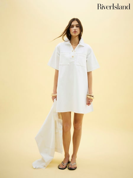River Island White Shirt Collar 100% Cotton Dress (W35996) | £46