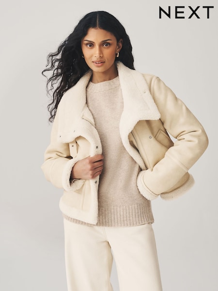 Neutral Borg Lined Funnel Neck Aviator Jacket (W36039) | £76