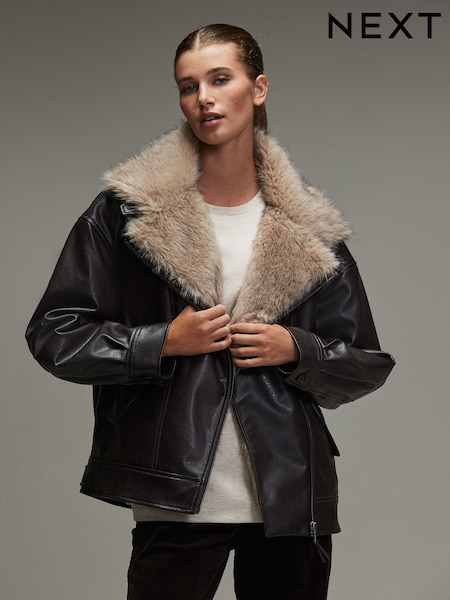 Chocolate Brown PU Bomber Jacket with Faux Fur Trim (W36045) | £92
