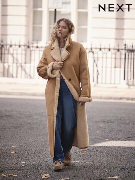 Tan Brown Shearling Maxi Coat (W36048) | £110