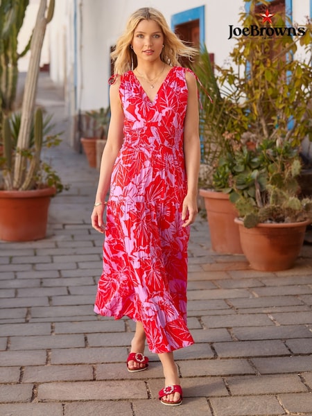 Joe Browns Red Floral Print Sleeveless Tie Shoulder Cotton Maxi Dress (W36143) | £60