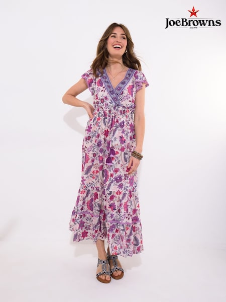 Joe Browns Purple Border Print Floral V-Neck Tassel Dress (W36170) | £70