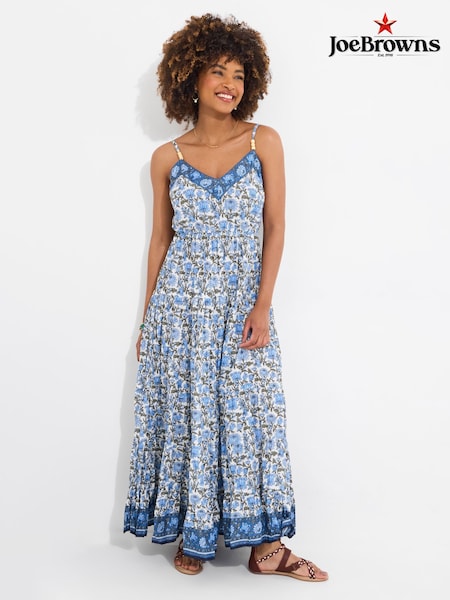 Joe Browns Blue Border Print V-Neck Strappy Crinkle 100% Cotton Maxi Sundress (W36184) | £58