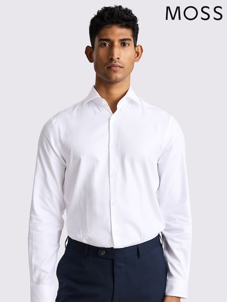 MOSS White Slim Fit White Herringbone 100% Cotton Shirt (W36233) | £60